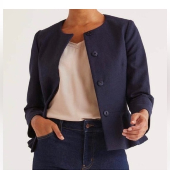 Boden Jackets & Blazers - Boden blue long sleeve cotton flax blend casual collarless blazer jacket size 10